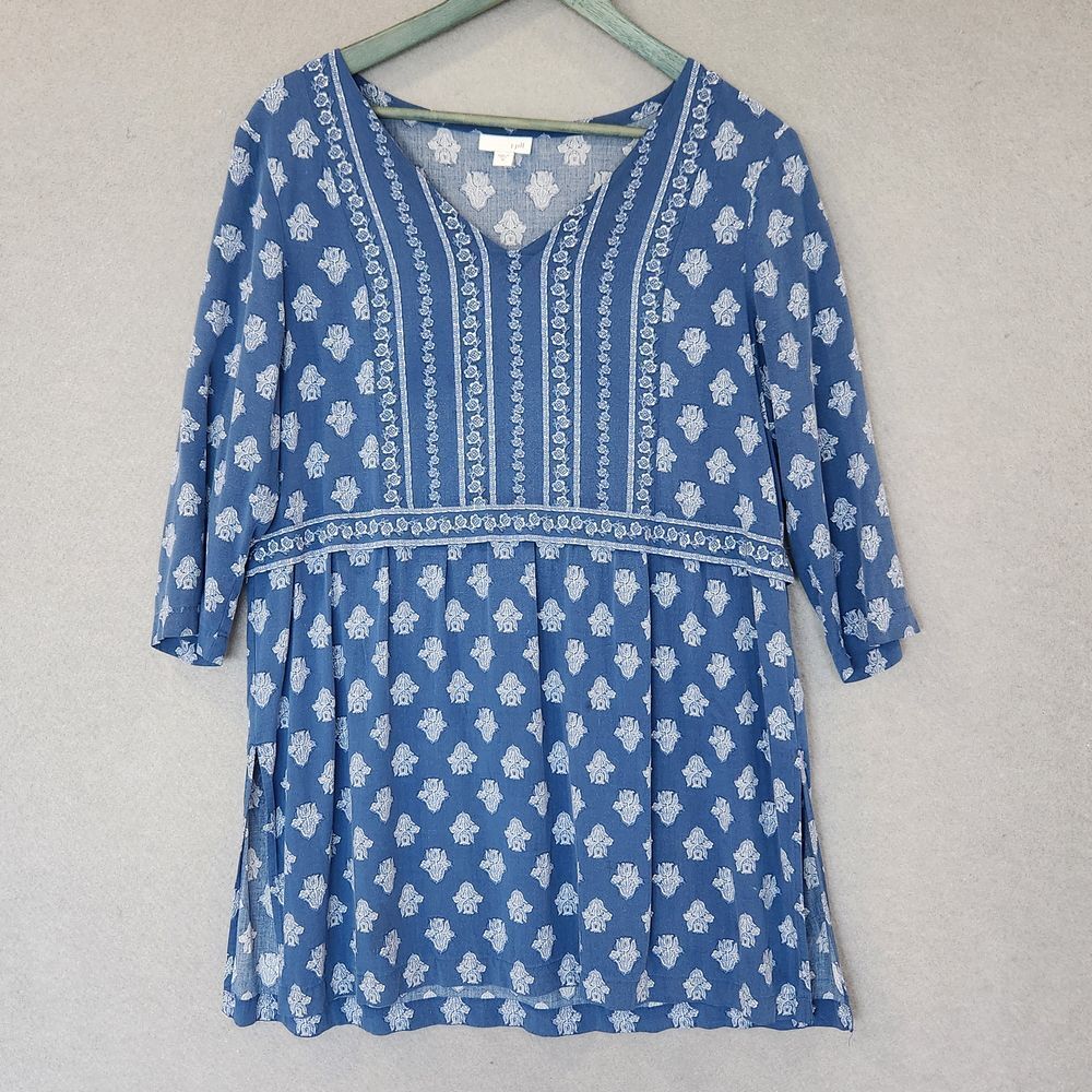 J.Jill Blue Tunic‎ Blouse Top M Woodblock Floral Print 3/4 Sleeve Boho Size